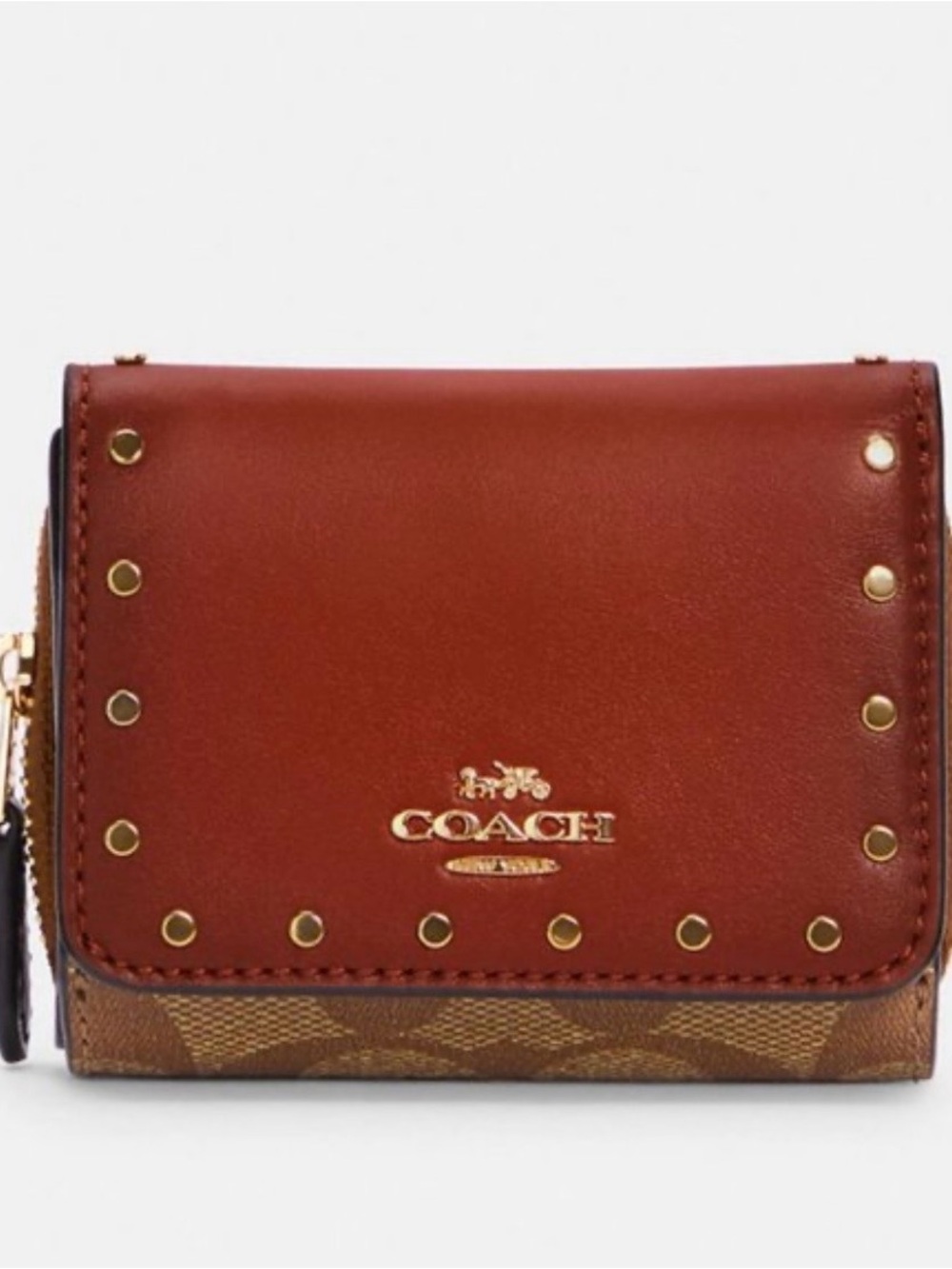 Coach C3323 Small Trifold Wallet Signature Canvas Rivets Khaki Terracotta Multi